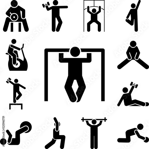 Muscle gym pull up with arrow pictogram icon in a collection with other items