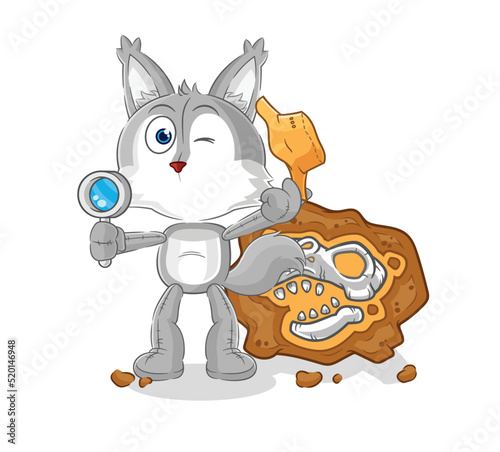 wolf archaeologists with fossils mascot. cartoon vector