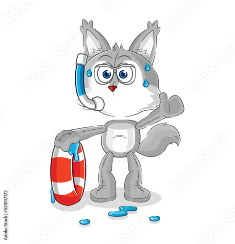 wolf swimmer with buoy mascot. cartoon vector