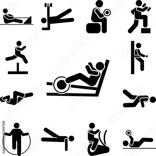Leg press man gym sport fitness with arrow pictogram icon in a collection with other items