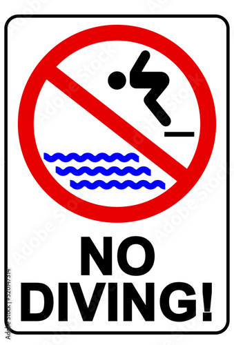 No diving, prohibition sign with the silhouette of a person about to jump in water. Text.