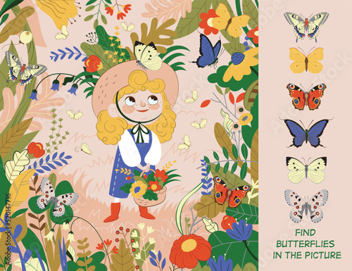The girl examines butterflies in nature. Find six butterflies in the picture. Hidden Object Puzzle. Vector illustration