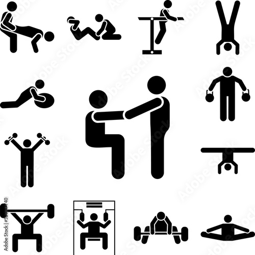 Man fitness gym workout exercise with arrow pictogram icon in a collection with other items
