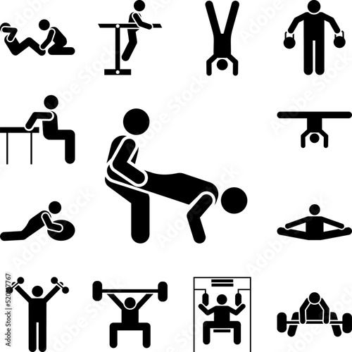 Sport gym exercise two man help with arrow pictogram icon in a collection with other items