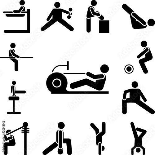 Training gym exercise leg press with arrow pictogram icon in a collection with other items