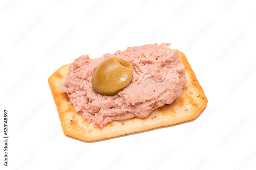 Crispy Salted Cracker with Liver Pate and Olives - Isolated on White. Easy Snack - Isolation