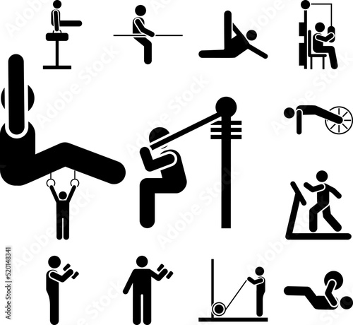 Sports muscle gym man pull up with arrow pictogram icon in a collection with other items