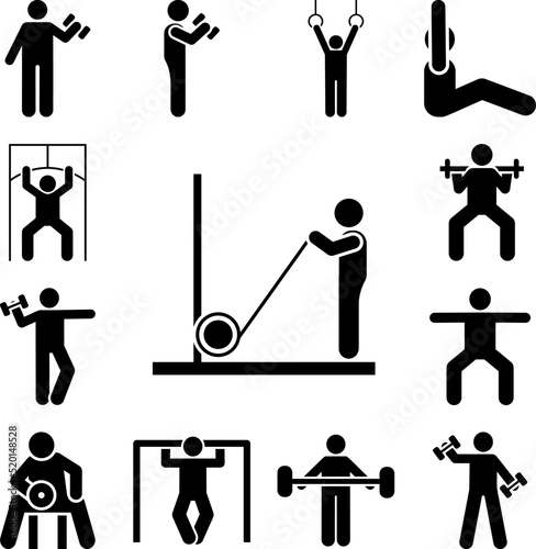 Gym training man health pull up with arrow pictogram icon in a collection with other items