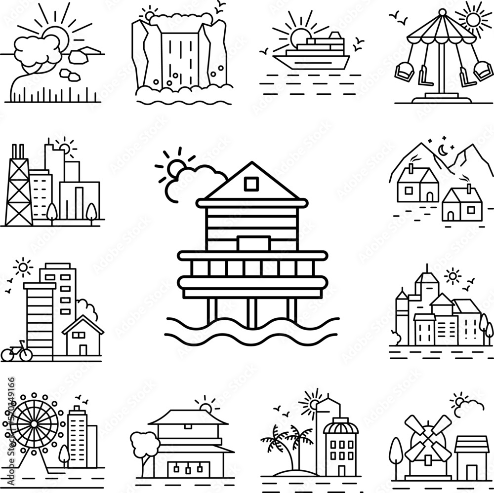 House on the pond line icon in a collection with other items