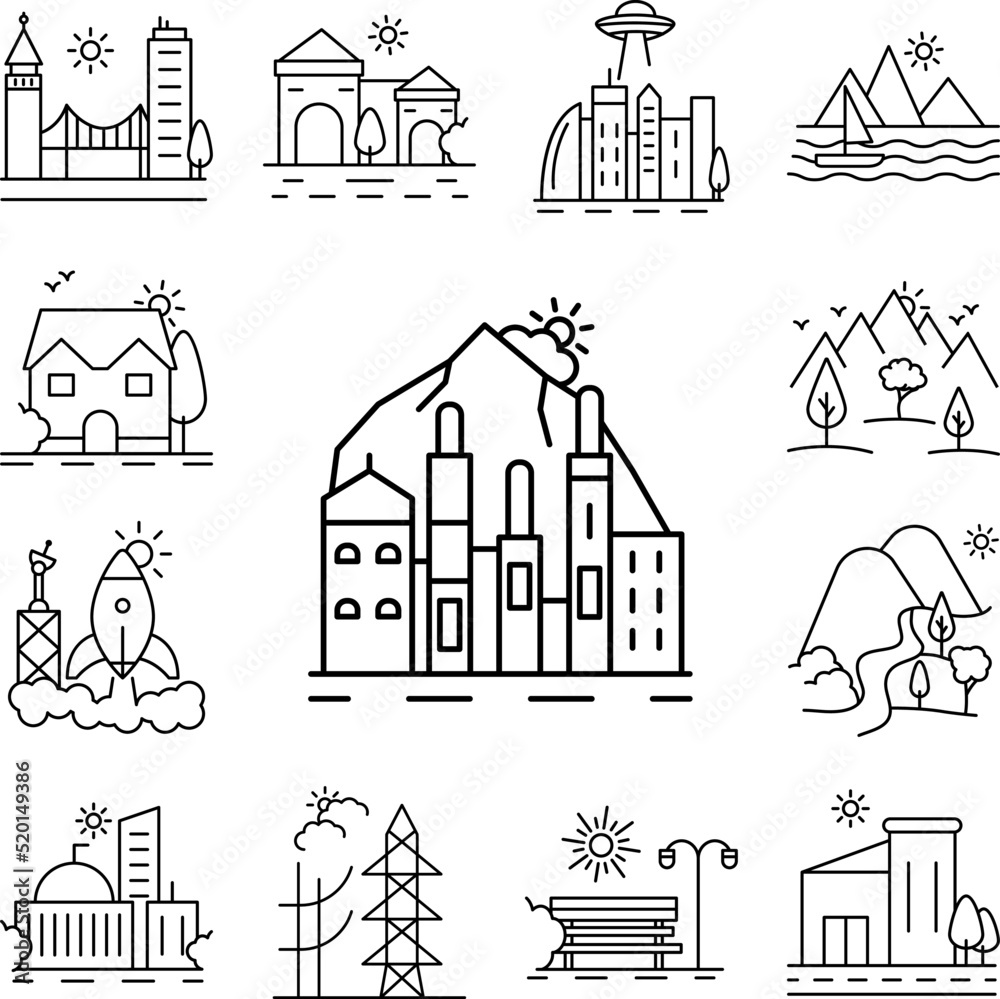 Fototapeta premium Industrial building near the mountains line icon in a collection with other items