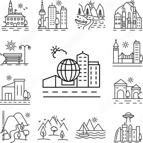 City landscape line icon in a collection with other items