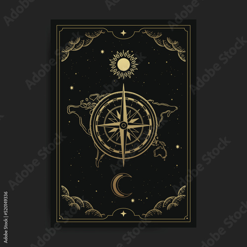 Compass with sun, moon and continents background