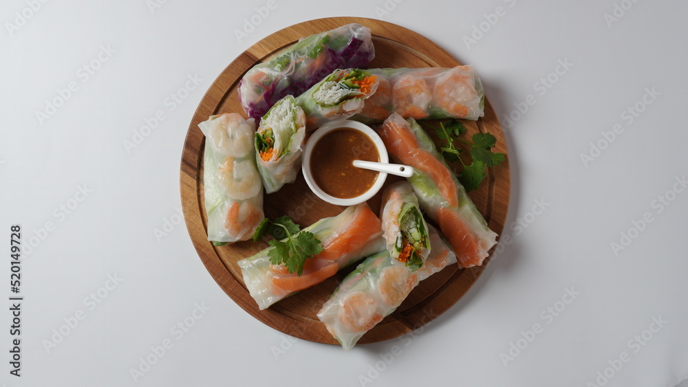 Vietnamese Spring Rolls Goi Cuon or Nem Cuon, filled with prawns, herbs