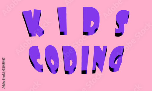 kids coding banner in 3d effect with magenta blue letters and light pink background
