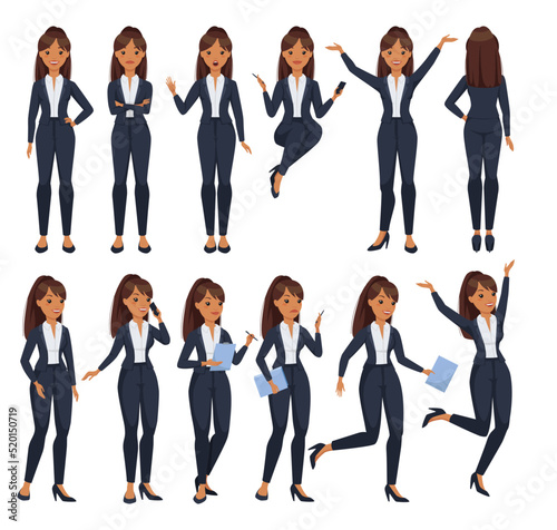 Office Woman Character with Ponytail Wearing Formal Suit in Different Pose Vector Set