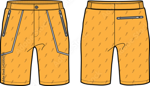 Sport knitted Shorts design flat sketch vector illustration, Casual shorts concept with front and back view, printed bermuda walking shorts design for Volleyball, football, and tracking active wear