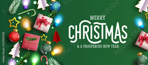 Christmas greeting vector background design. Merry christmas text with gifts and decoration elements in green copy space for xmas holiday celebration. Vector illustration.
