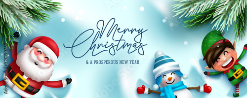 Christmas character greeting vector design. Merry christmas text with santa claus, snowman and elf playing in snow for xmas characters messages. Vector illustration.
