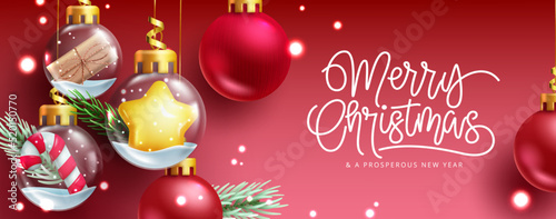 Christmas greeting decoration vector design. Merry christmas text with 3d hanging xmas balls element in red background for holiday season. Vector illustration.
