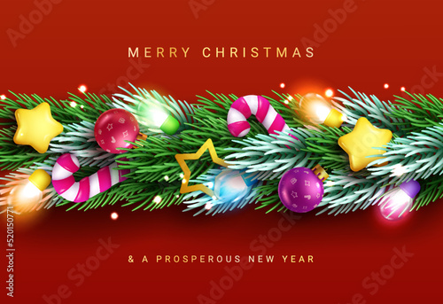 Christmas garland vector concept design. Merry christmas greeting text in with grass wreath and xmas ornament decoration for holiday season. Vector illustration.
