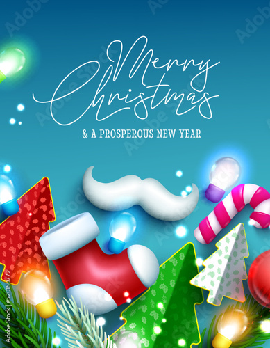 Christmas season vector poster design. Merry christmas text with ornaments, paper cut and lights elements  for xmas holiday messages. Vector illustration.
