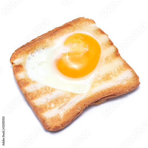 Heart shaped fried eggs in a Toasted bread with grill marks isolated on white background