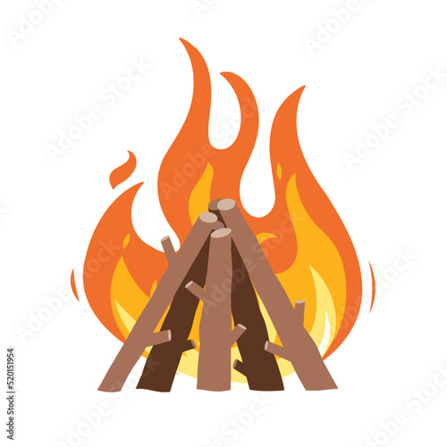 Burning campfire. Flame on firewood. Orange blaze. Flat vector illustration.