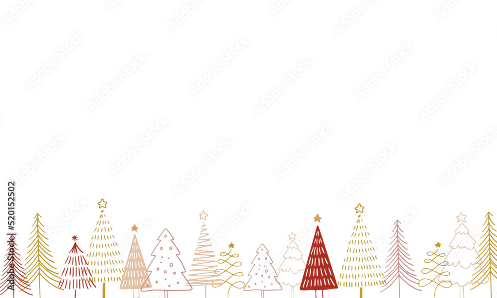 手描きのクリスマスツリーが並ぶベクターイラスト背景