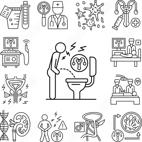 Difficulty urinating toilet icon in a collection with other items