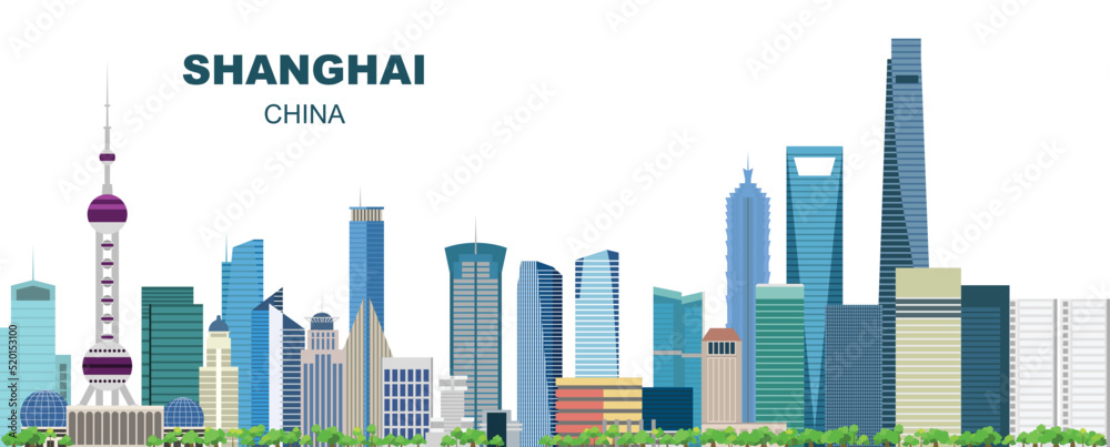 Layered editable vector illustration skyline of Shanghai,China, each building is on a separate layer