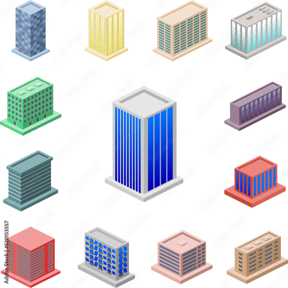 isometric office building icon in a collection with other items isometric office building icon in a collection with other items