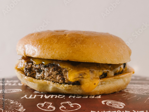 Close up view of Single cheese burger with caramalised onions photo