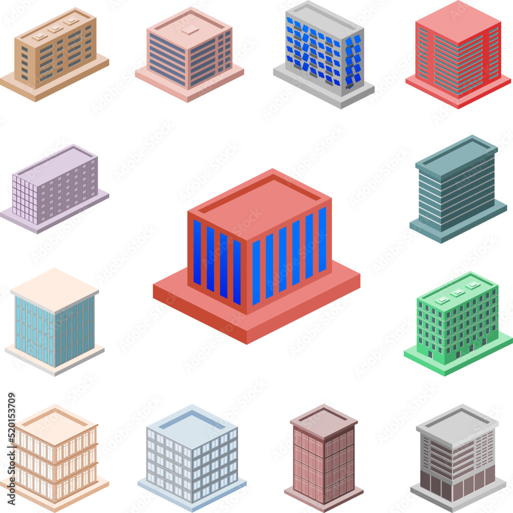 isometric office building icon in a collection with other items