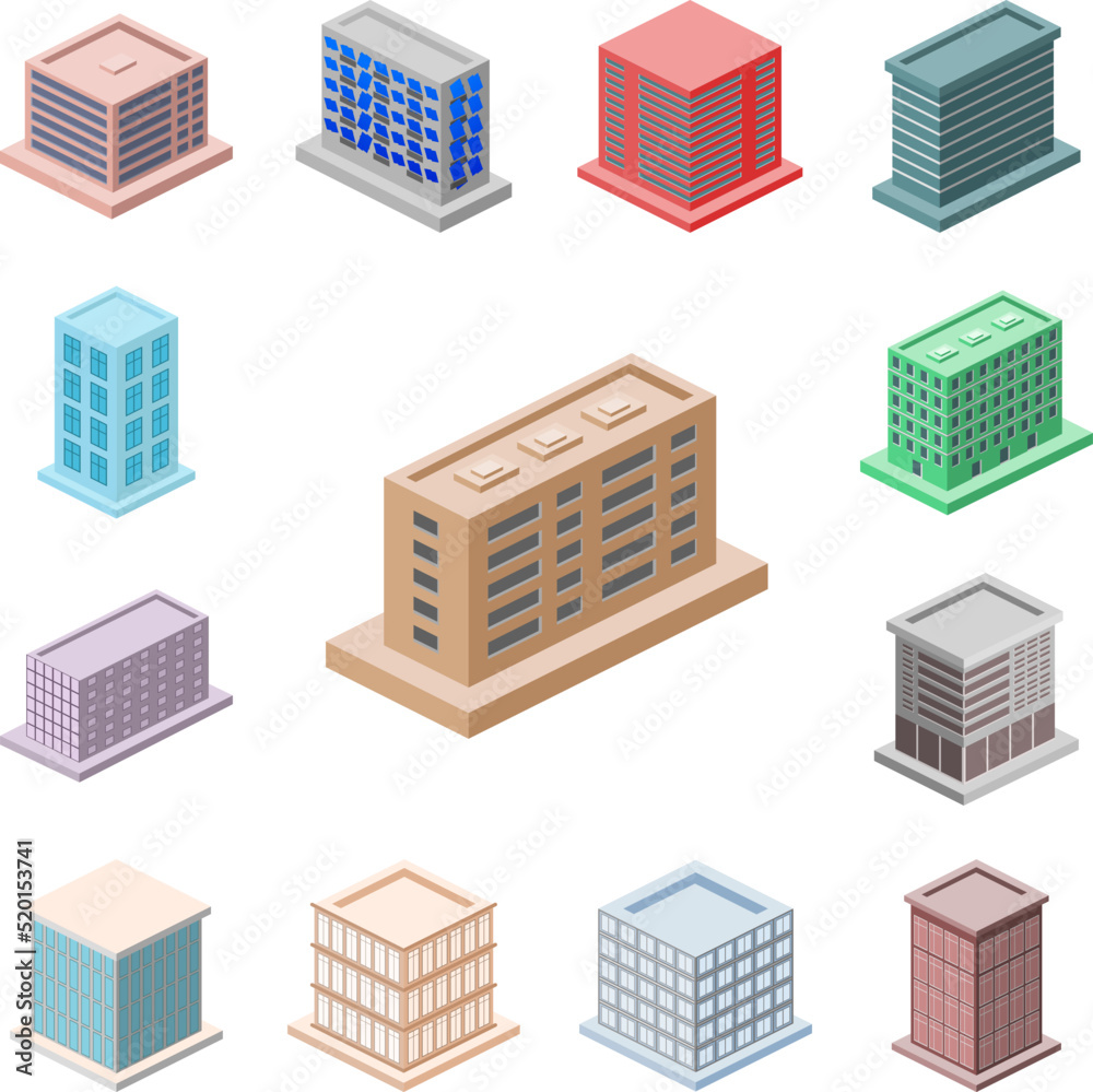 isometric apartments building icon in a collection with other items