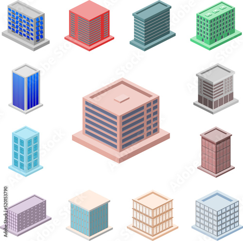 isometric office building icon in a collection with other items