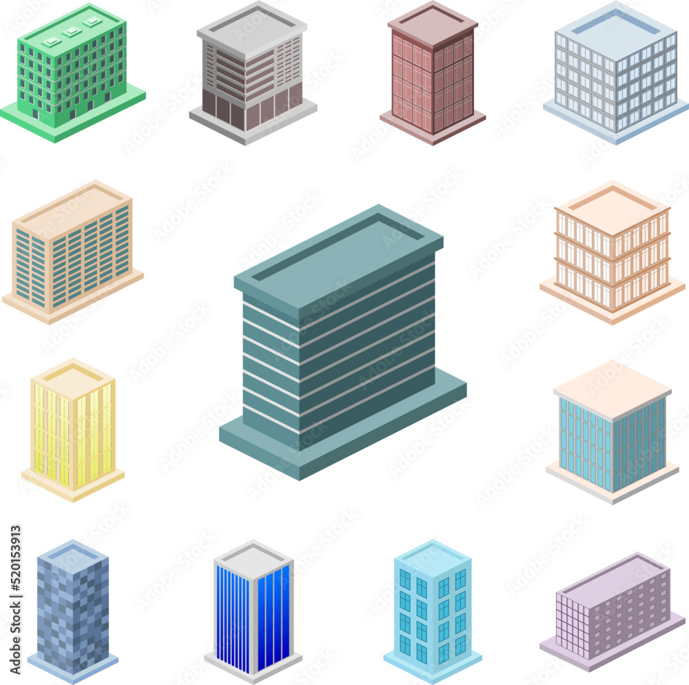 isometric office building icon in a collection with other items isometric office building icon in a collection with other items
