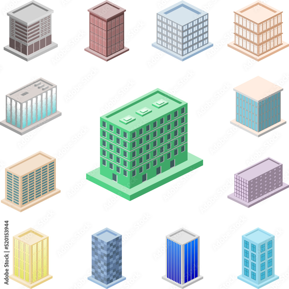 isometric green apartments building icon in a collection with other items isometric green apartments building icon in a collection with other items