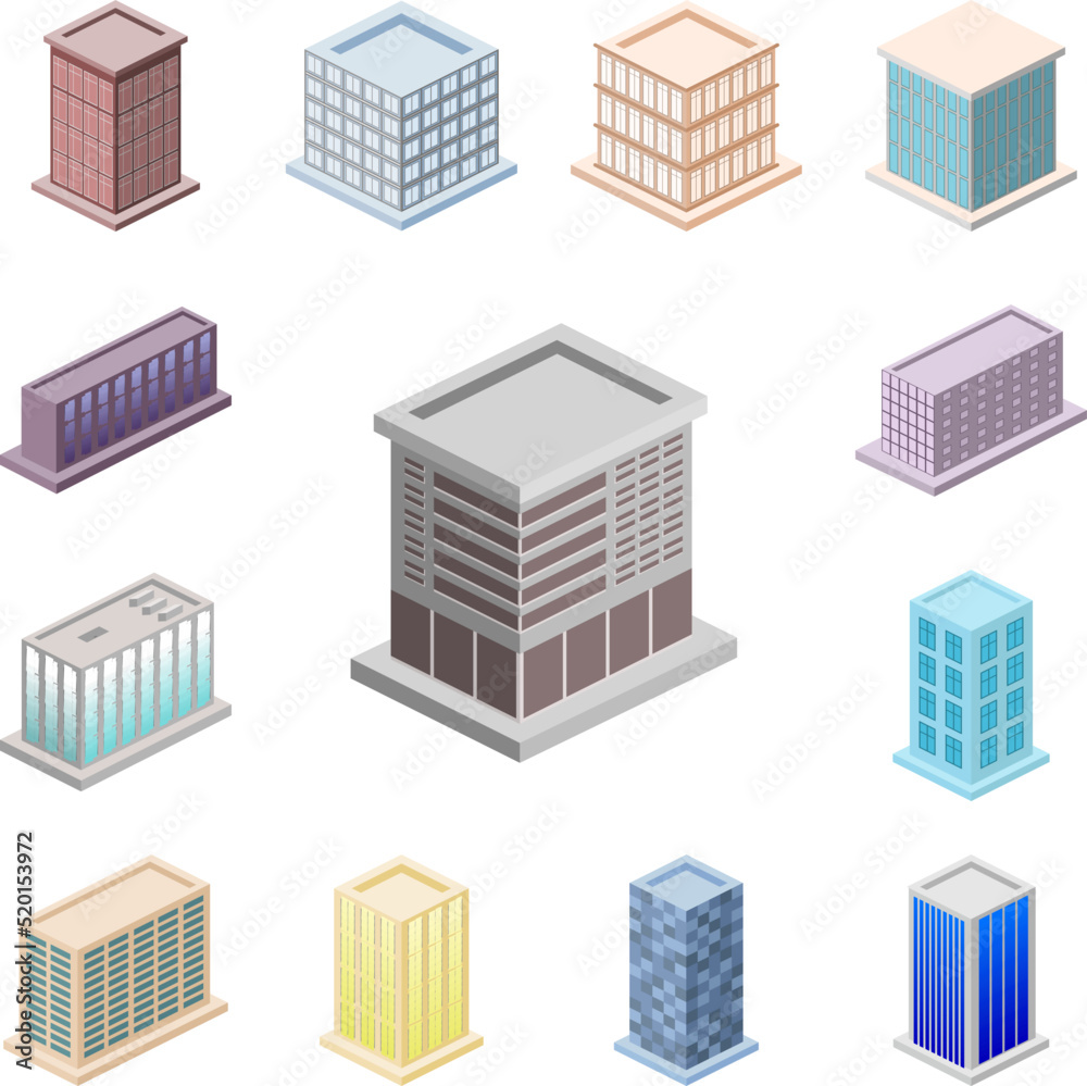 isometric office building icon in a collection with other items isometric office building icon in a collection with other items