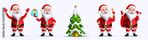 Santa claus characters vector set. Santa claus in 3d realistic character in christmas friendly pose and gesture isolated in white background for xmas collection design. Vector illustration.

