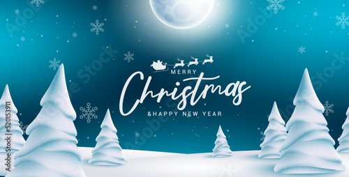 Christmas eve vector background design. Merry christmas greeting text in winter wonder land with fir tree and snow flakes elements for holiday season. Vector illustration.
