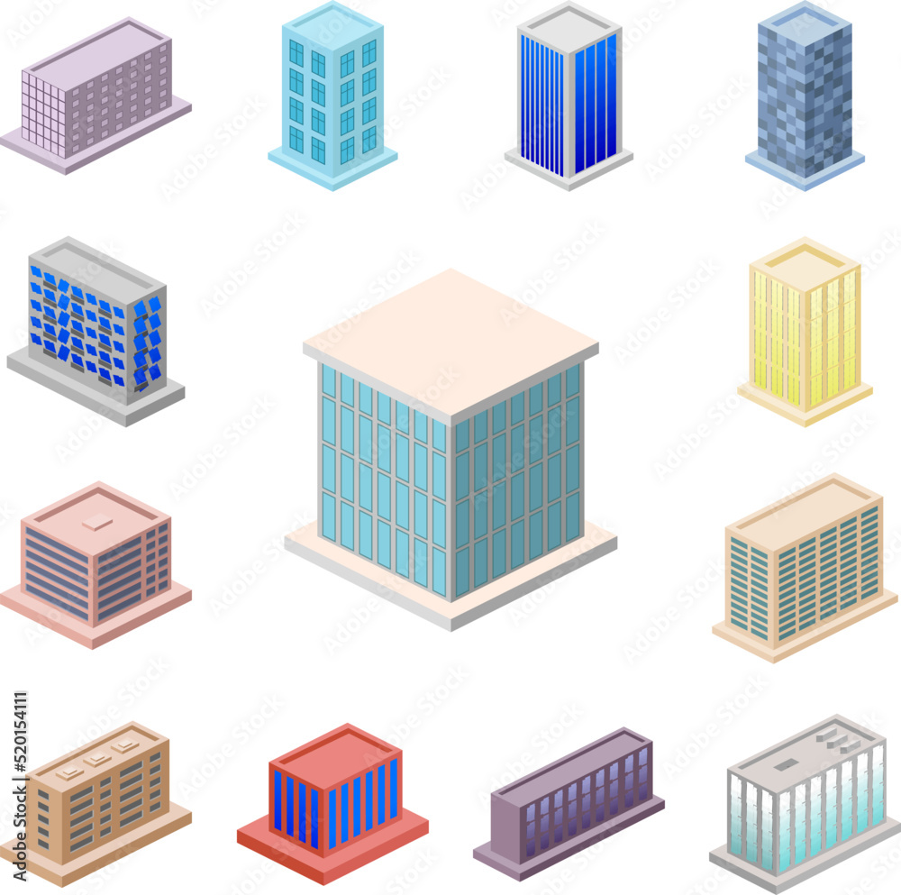 isometric office building icon in a collection with other items isometric office building icon in a collection with other items