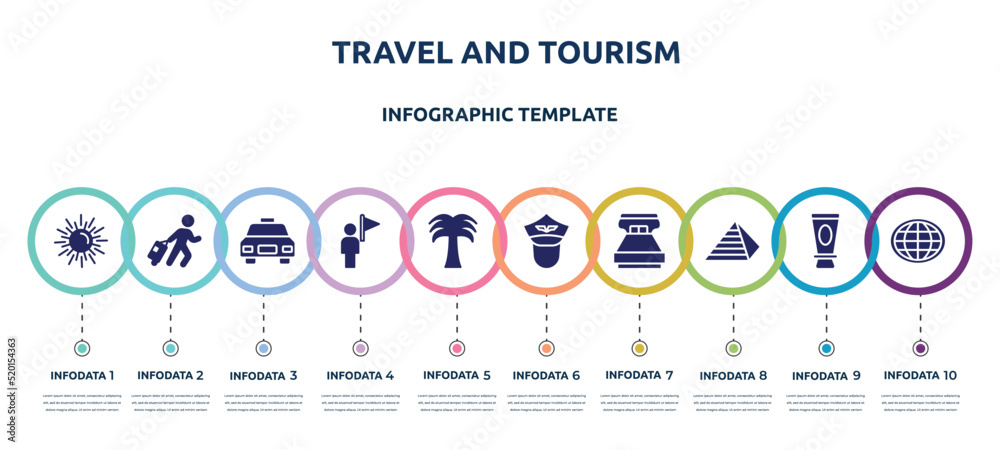 travel and tourism concept infographic design template. included spring sun, traveler at the airport, taxi frontal vehicle, tourist guide, coconut trees, pilot of airplane, king size, keops pyramid,