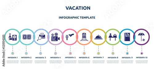 vacation concept infographic design template. included passport control, toilets, baggage verification, camera recorder, airplane and airport tower, streetcar, bell reception, check in desk, beach