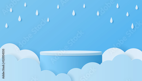 Paper cut of blue color cylinder podium and clouds with raindrops for products display presentation. Vector illustration.