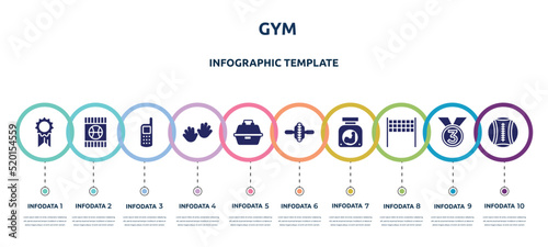 gym concept infographic design template. included first place, blue card, variometer, hand, tackle box, electric unicycle, protein powder, volleyball net, medicine ball icons and 10 option or steps.