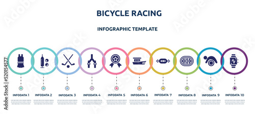 bicycle racing concept infographic design template. included sport wear, doping, field hockey, bicycle fork, first prize, fishing boat, swiss bar, hockey arena, pulsometer icons and 10 option or