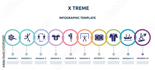 x treme concept infographic design template. included crank arm, soccer game, substitute, protections, crocket, goalie, score board, baseball jersey, wakeboarding icons and 10 option or steps.