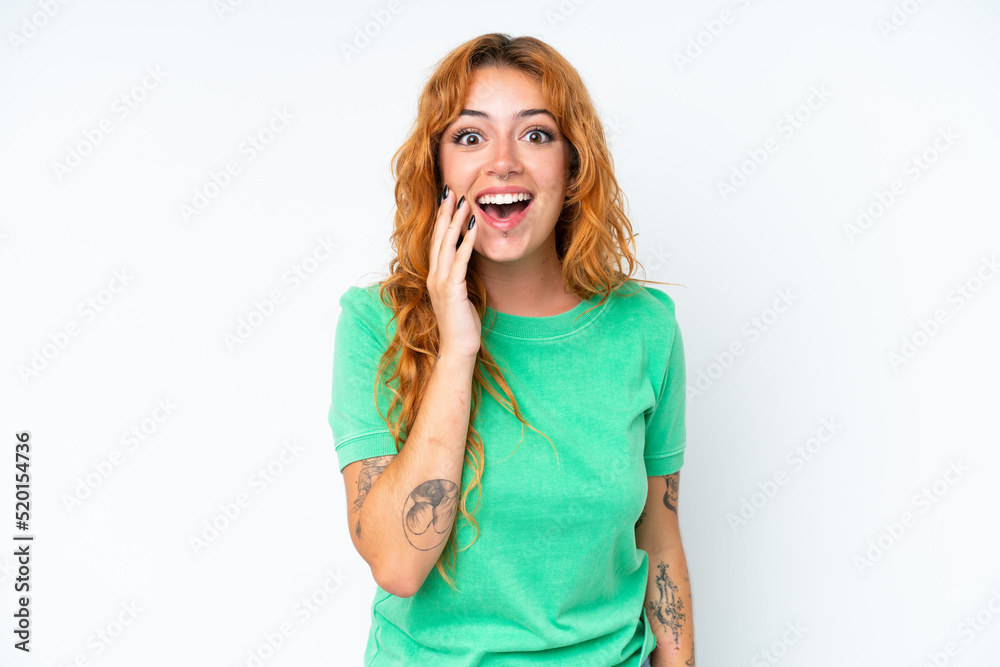 Young caucasian woman isolated on white background with surprise and shocked facial expression Young caucasian woman isolated on white background with surprise and shocked facial expression