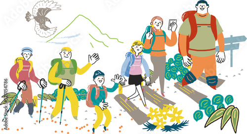 登山を楽しむ三世代ファミリー　イラスト素材