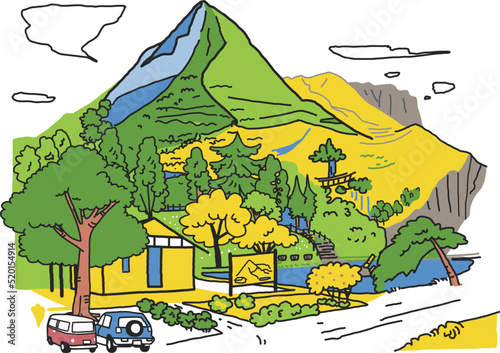 登山口から山頂をめざして　山のある風景　イラスト素材	

